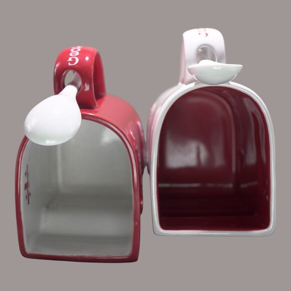 Kissing Mugs w/ 2 Teaspoons Ceramic Red & White Gift Valentine NWOT - Picture 10 of 11